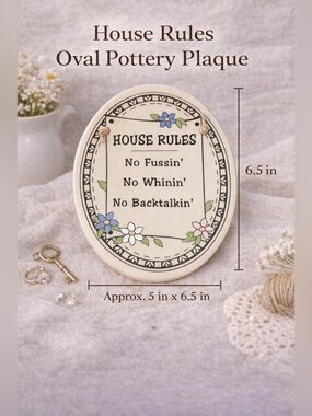 House Rules Oval Pottery Wall Plaque Home Decor